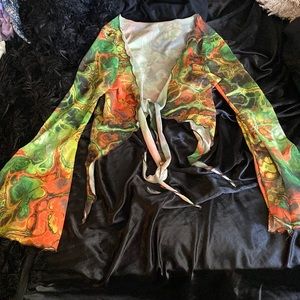 Cropped, tie in front sheer, tye-dye shirt from SHEIN.